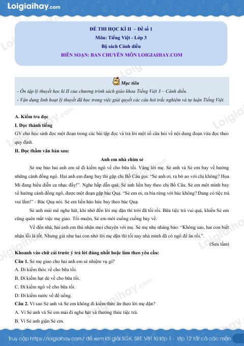 Đề thi học kì 2 Tiếng Việt 3 CD - Đề số 1